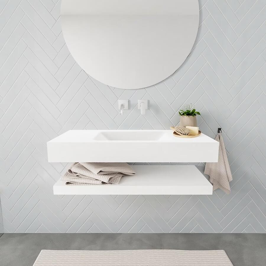 Mondiaz Alan badmeubel 100 cm solid suface planchet talc vrijhangend wastafel midden zonder kraangat wit
