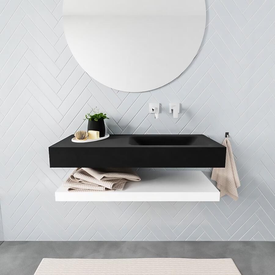 Mondiaz Alan badmeubel 100 cm solid suface planchet talc vrijhangend wastafel rechts zonder kraangat zwart