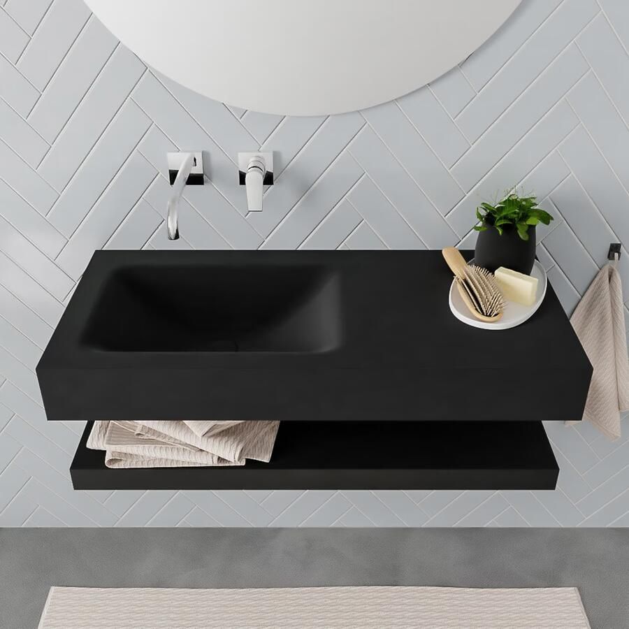Mondiaz Alan badmeubel 100 cm solid suface planchet urban vrijhangend wastafel links zonder kraangat zwart - Foto 2
