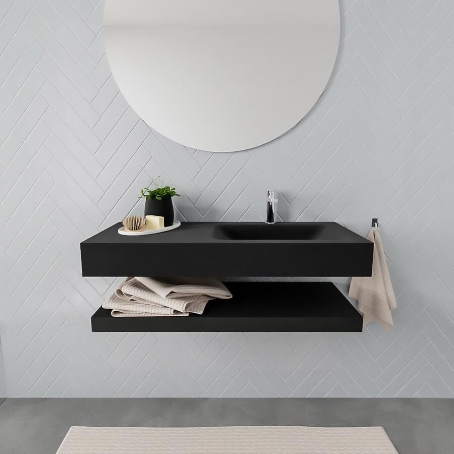Mondiaz Alan badmeubel 100 cm solid suface planchet urban vrijhangend wastafel rechts 1 kraangat zwart - Foto 1