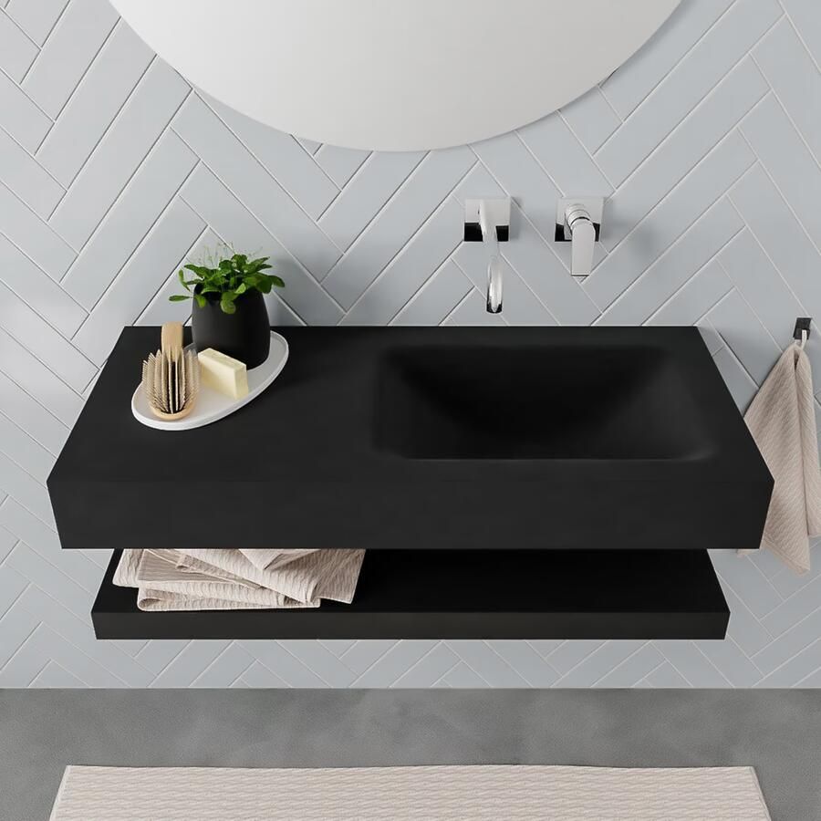 Mondiaz Alan badmeubel 100 cm solid suface planchet urban vrijhangend wastafel rechts zonder kraangat zwart