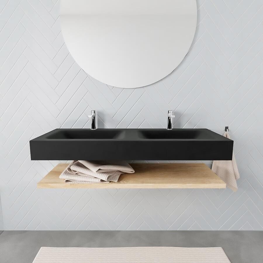 Mondiaz Alan badmeubel 120 cm planchet washed oak vrijhangend wastafel dubbel 2 kraangaten zwart - Foto 3