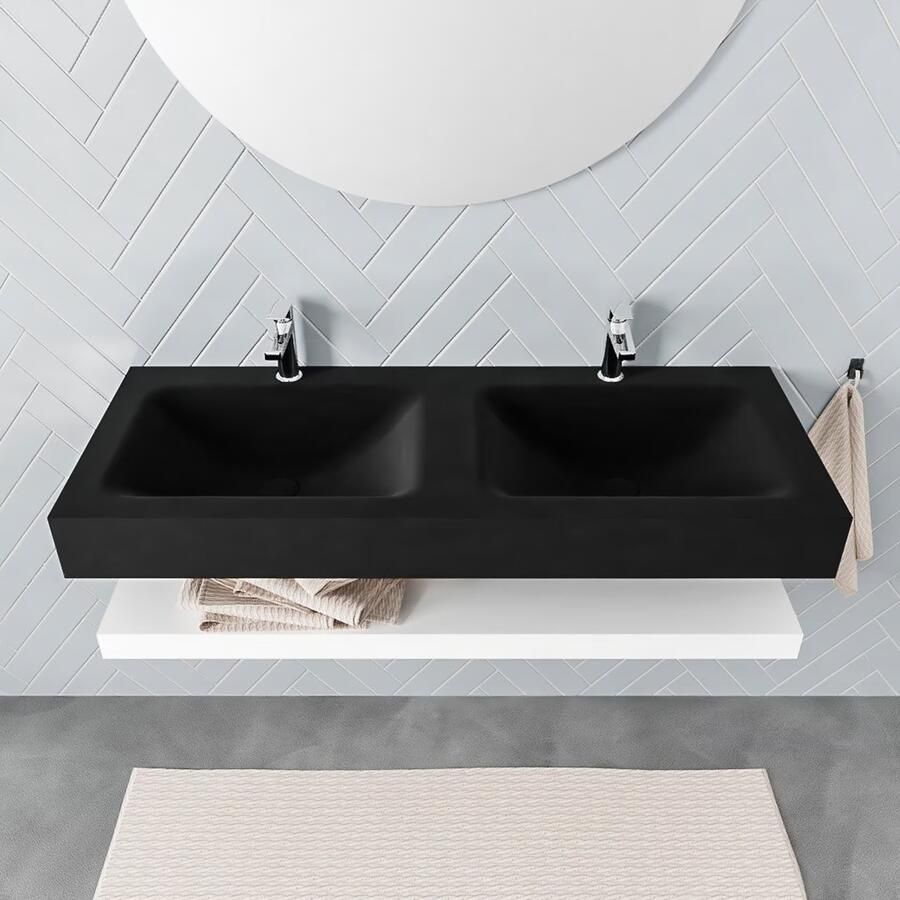 Mondiaz Alan badmeubel 120 cm solid suface planchet talc vrijhangend wastafel dubbel 2 kraangaten zwart