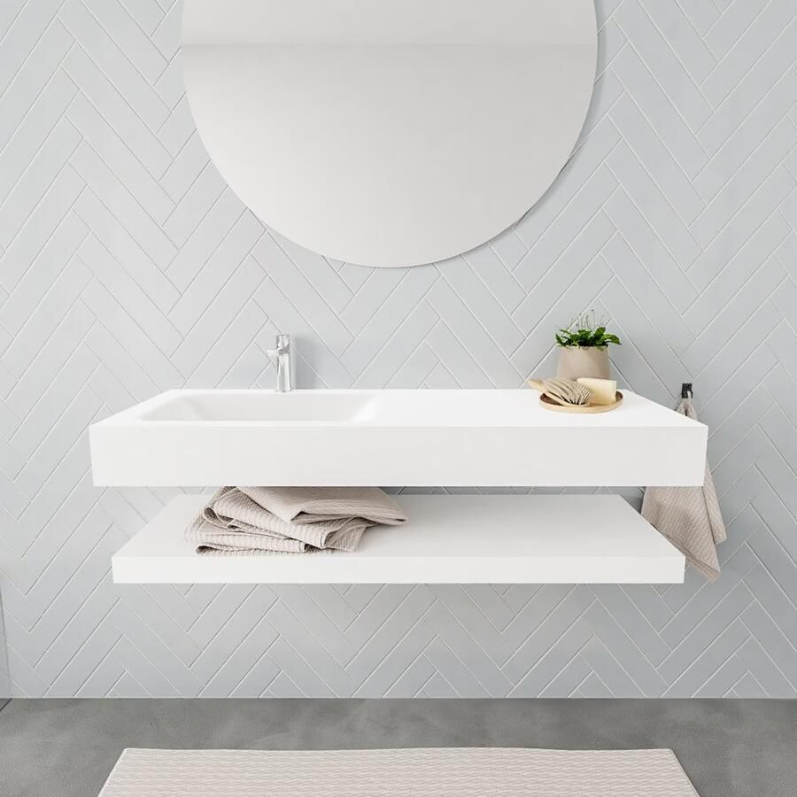 Mondiaz Alan badmeubel 120 cm solid suface planchet talc vrijhangend wastafel links 1 kraangat wit