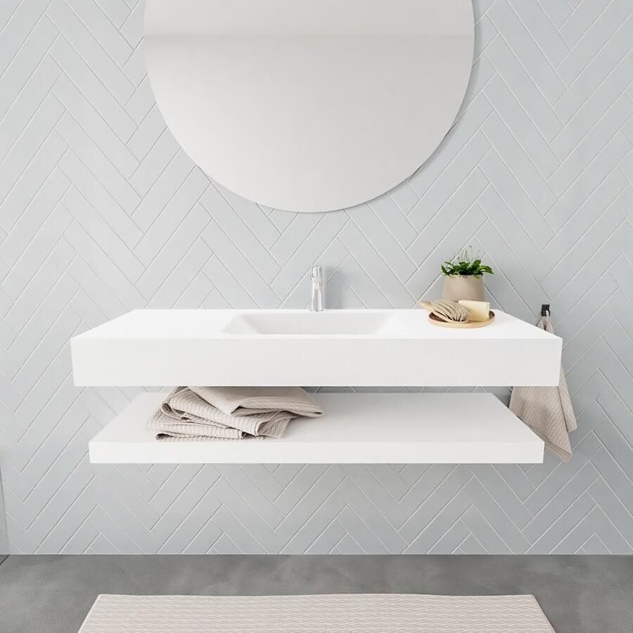 Mondiaz Alan badmeubel 120 cm solid suface planchet talc vrijhangend wastafel midden 1 kraangat wit