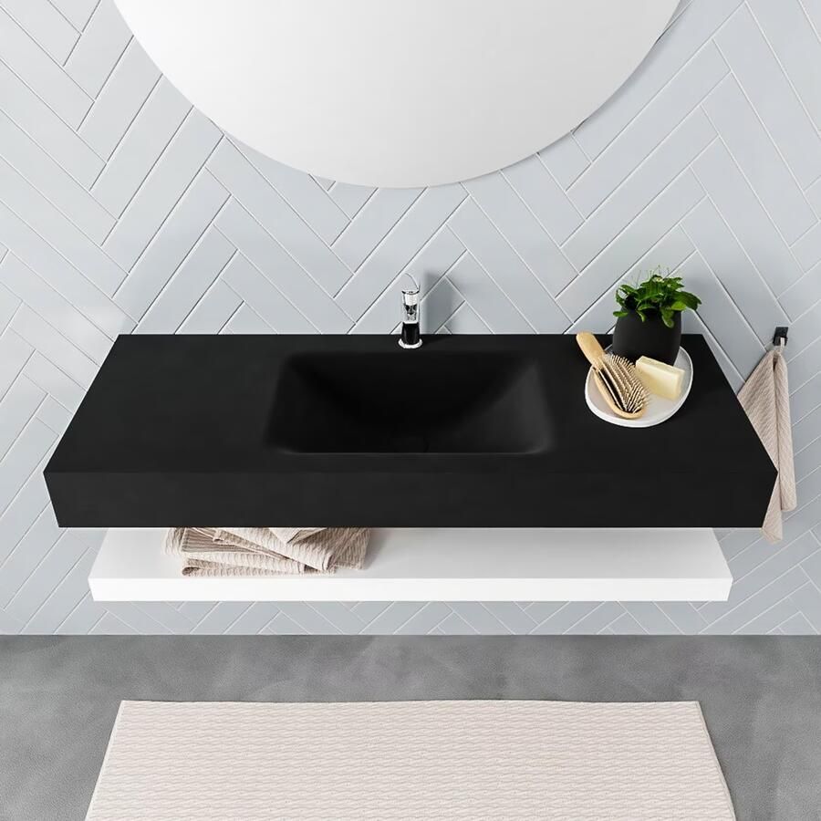 Mondiaz Alan badmeubel 120 cm solid suface planchet talc vrijhangend wastafel midden 1 kraangat zwart