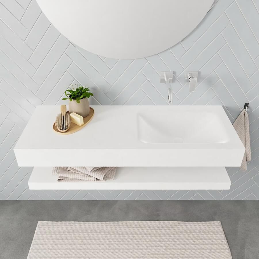 Mondiaz Alan badmeubel 120 cm solid suface planchet talc vrijhangend wastafel rechts zonder kraangat wit