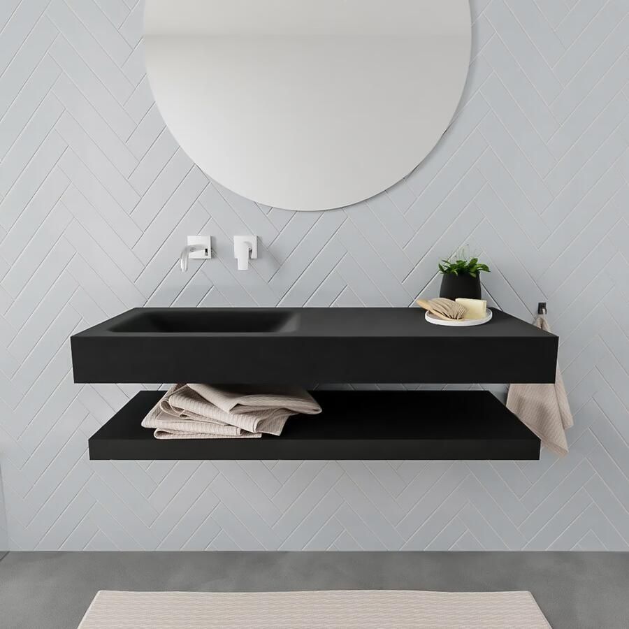 Mondiaz Alan badmeubel 120 cm solid suface planchet urban vrijhangend wastafel links zonder kraangat zwart