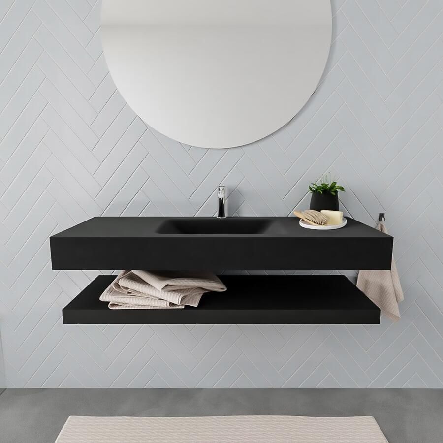 Mondiaz Alan badmeubel 120 cm solid suface planchet urban vrijhangend wastafel midden 1 kraangat zwart