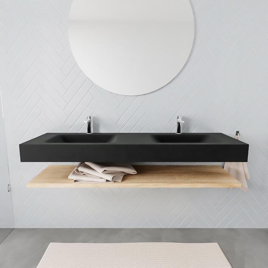 Mondiaz Alan badmeubel 150 cm planchet washed oak vrijhangend wastafel dubbel 2 kraangaten zwart - Foto 2