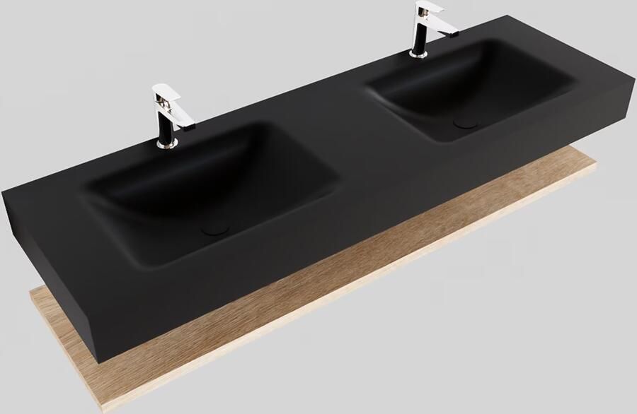 Mondiaz Alan badmeubel 150 cm planchet washed oak vrijhangend wastafel dubbel 2 kraangaten zwart