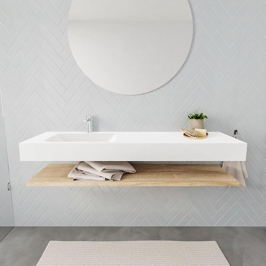 Mondiaz Alan badmeubel 150 cm planchet washed oak vrijhangend wastafel links 1 kraangat wit
