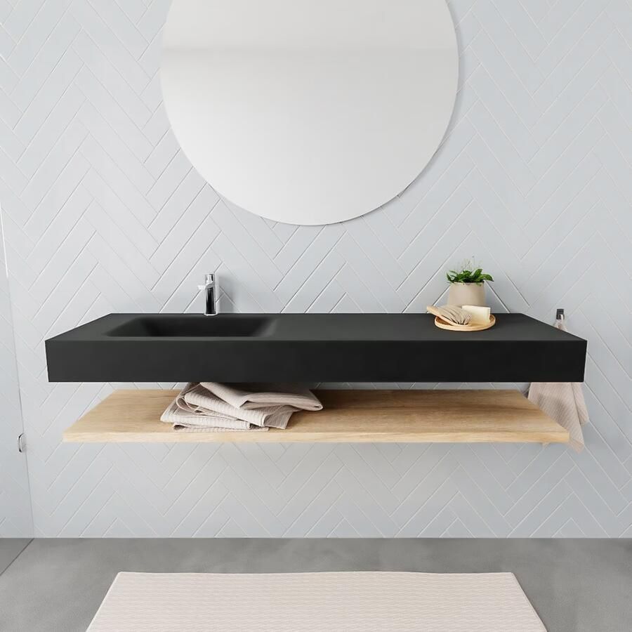 Mondiaz Alan badmeubel 150 cm planchet washed oak vrijhangend wastafel links 1 kraangat zwart - Foto 2