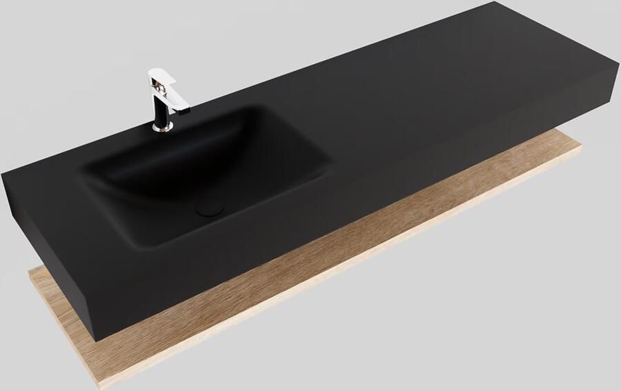 Mondiaz Alan badmeubel 150 cm planchet washed oak vrijhangend wastafel links 1 kraangat zwart