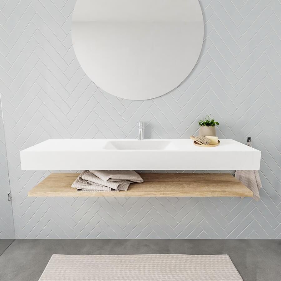Mondiaz Alan badmeubel 150 cm planchet washed oak vrijhangend wastafel midden 1 kraangat wit