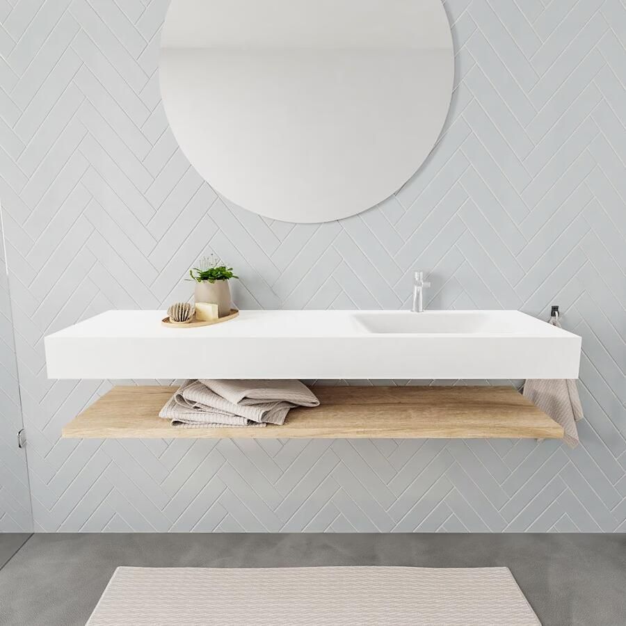 Mondiaz Alan badmeubel 150 cm planchet washed oak vrijhangend wastafel rechts 1 kraangat wit
