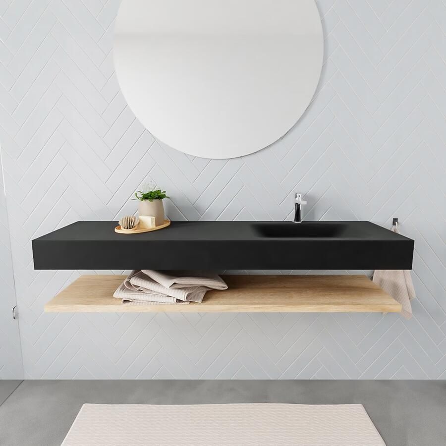 Mondiaz Alan badmeubel 150 cm planchet washed oak vrijhangend wastafel rechts 1 kraangat zwart - Foto 3