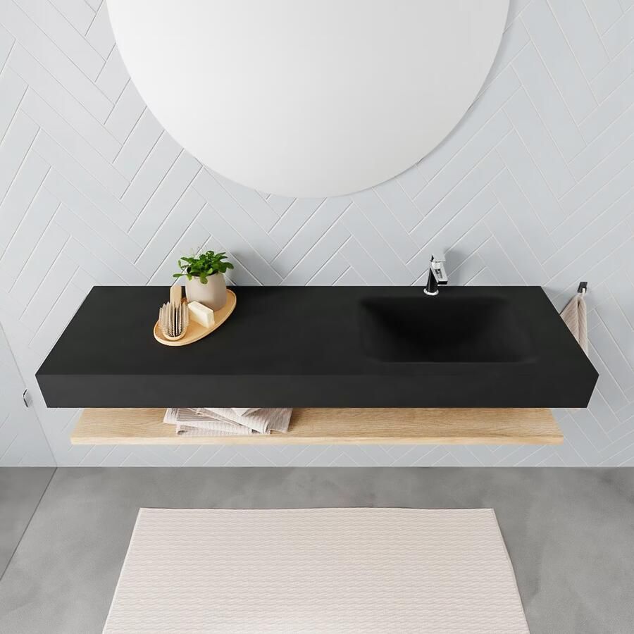 Mondiaz Alan badmeubel 150 cm planchet washed oak vrijhangend wastafel rechts 1 kraangat zwart