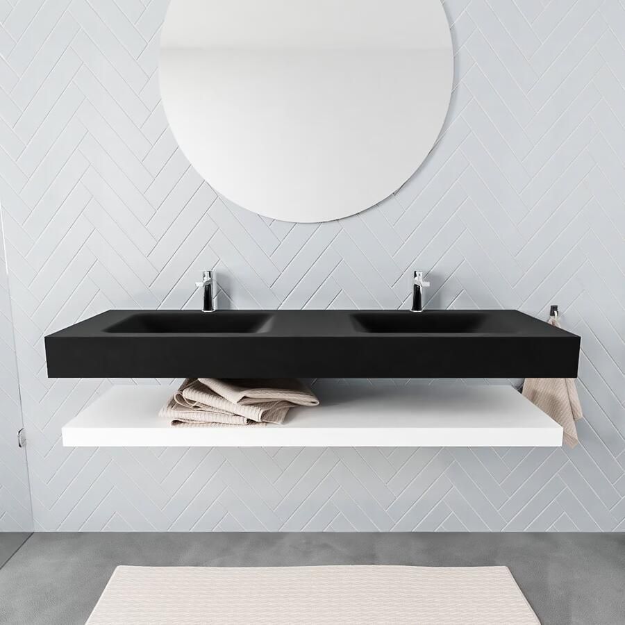 Mondiaz Alan badmeubel 150 cm solid suface planchet talc vrijhangend wastafel dubbel 2 kraangaten zwart - Foto 2