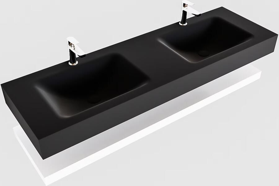Mondiaz Alan badmeubel 150 cm solid suface planchet talc vrijhangend wastafel dubbel 2 kraangaten zwart