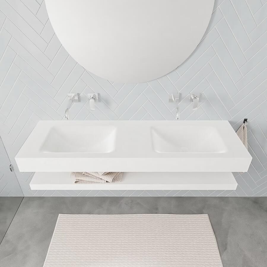 Mondiaz Alan badmeubel 150 cm solid suface planchet talc vrijhangend wastafel dubbel zonder kraangat wit