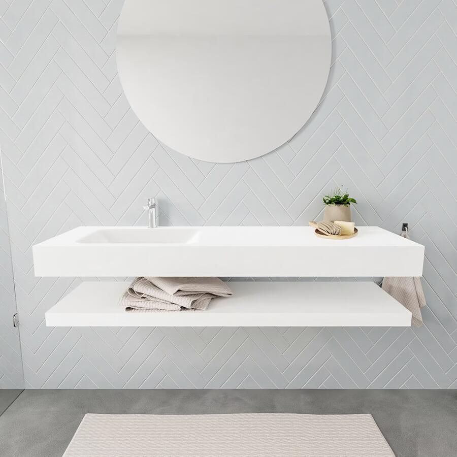 Mondiaz Alan badmeubel 150 cm solid suface planchet talc vrijhangend wastafel links 1 kraangat wit