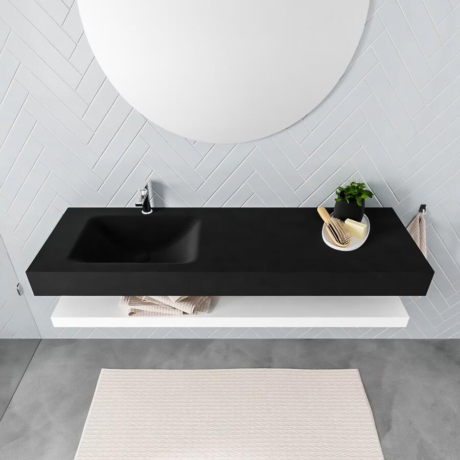 Mondiaz Alan badmeubel 150 cm solid suface planchet talc vrijhangend wastafel links 1 kraangat zwart