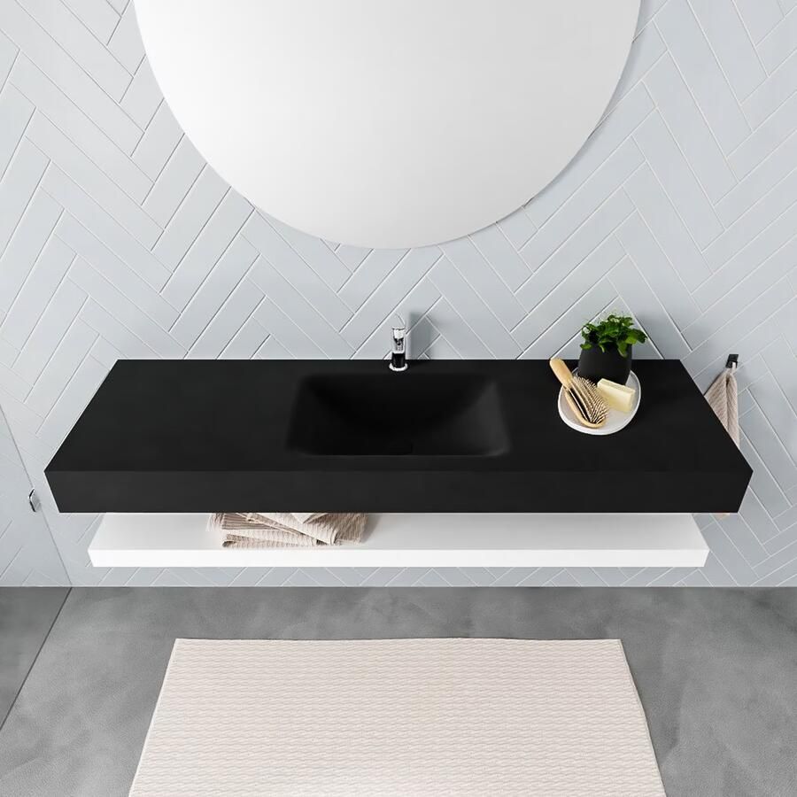 Mondiaz Alan badmeubel 150 cm solid suface planchet talc vrijhangend wastafel midden 1 kraangat zwart