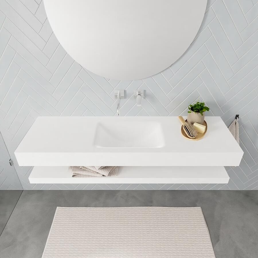 Mondiaz Alan badmeubel 150 cm solid suface planchet talc vrijhangend wastafel midden zonder kraangat wit