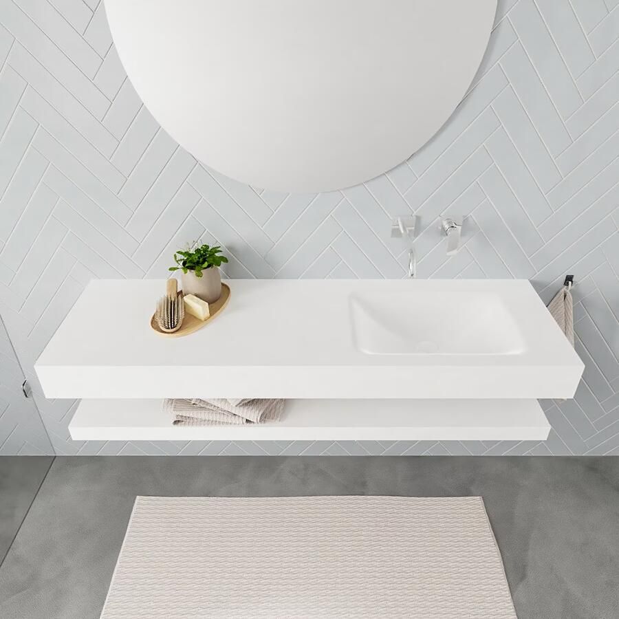 Mondiaz Alan badmeubel 150 cm solid suface planchet talc vrijhangend wastafel rechts zonder kraangat wit