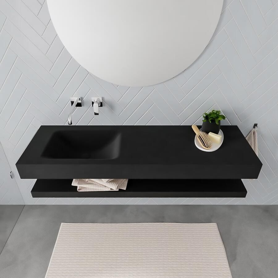 Mondiaz Alan badmeubel 150 cm solid suface planchet urban vrijhangend wastafel links zonder kraangat zwart