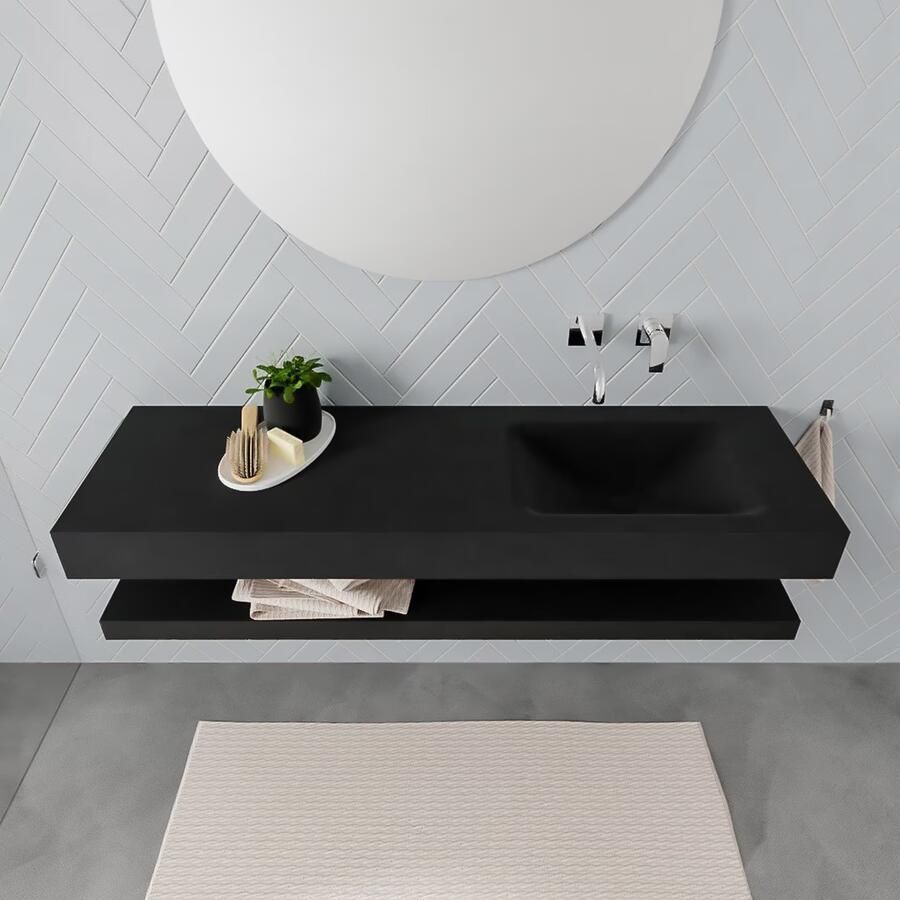 Mondiaz Alan badmeubel 150 cm solid suface planchet urban vrijhangend wastafel rechts zonder kraangat zwart