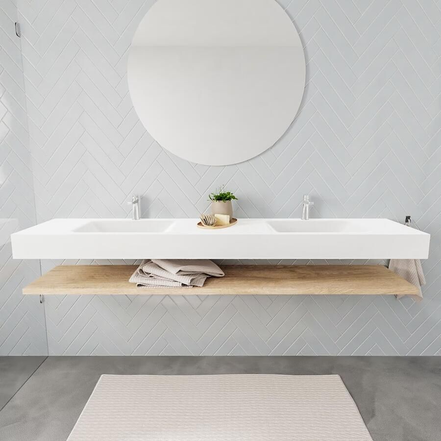 Mondiaz Alan badmeubel 200 cm planchet washed oak vrijhangend wastafel dubbel 2 kraangaten wit