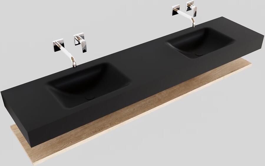 Mondiaz Alan badmeubel 200 cm planchet washed oak vrijhangend wastafel dubbel zonder kraangat zwart