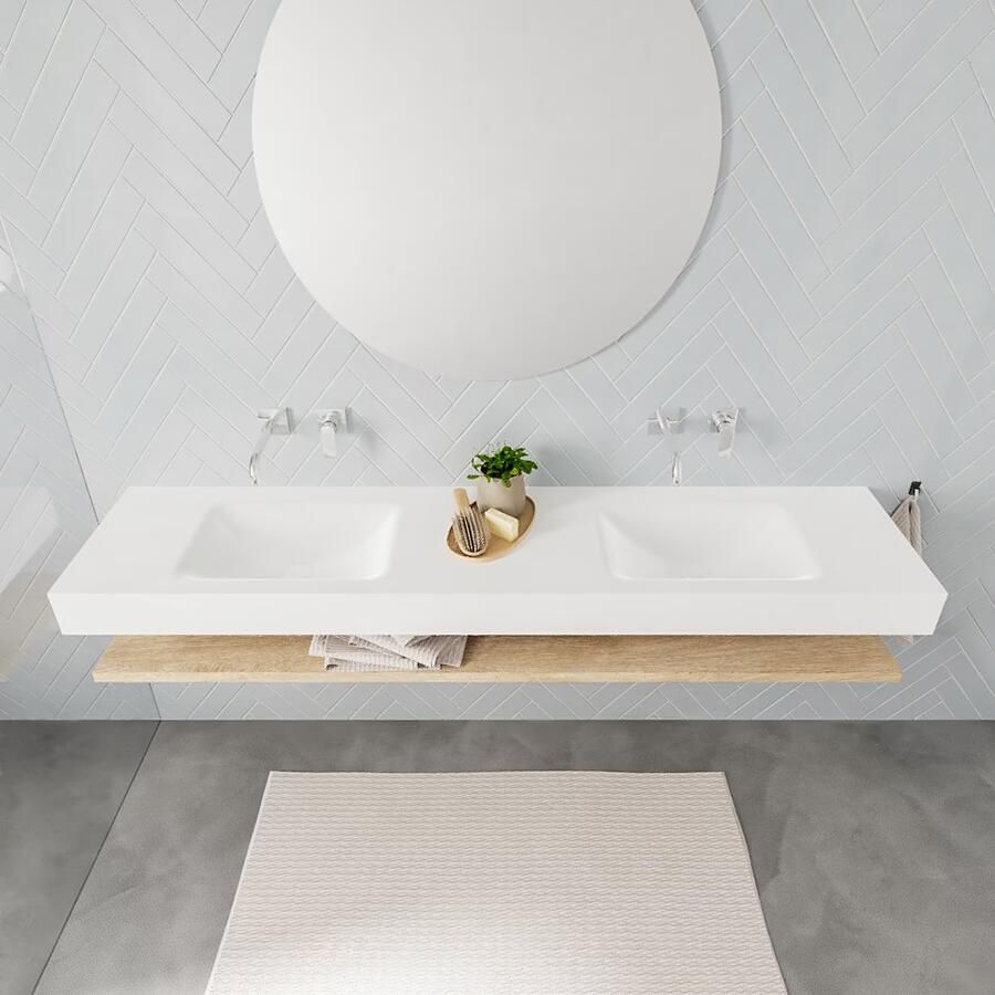 Mondiaz Alan badmeubel 200 cm planchet washed oak vrijhangend wastafel dubbel zonder kraangat wit
