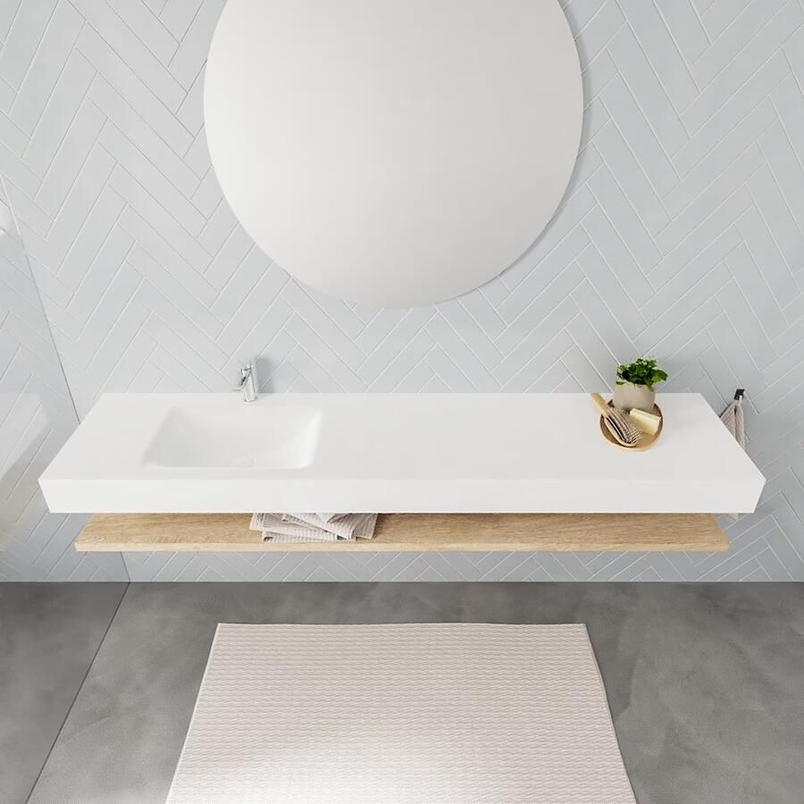 Mondiaz Alan badmeubel 200 cm planchet washed oak vrijhangend wastafel links 1 kraangat wit