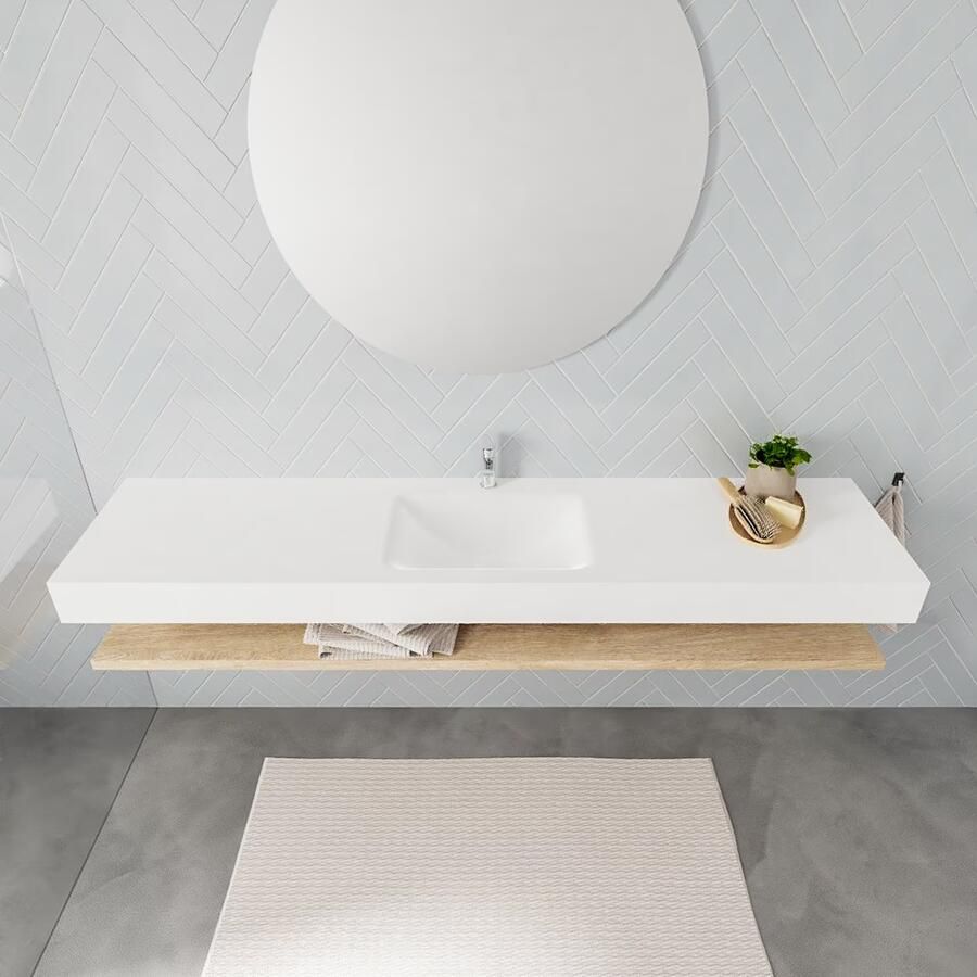 Mondiaz Alan badmeubel 200 cm planchet washed oak vrijhangend wastafel midden 1 kraangat wit