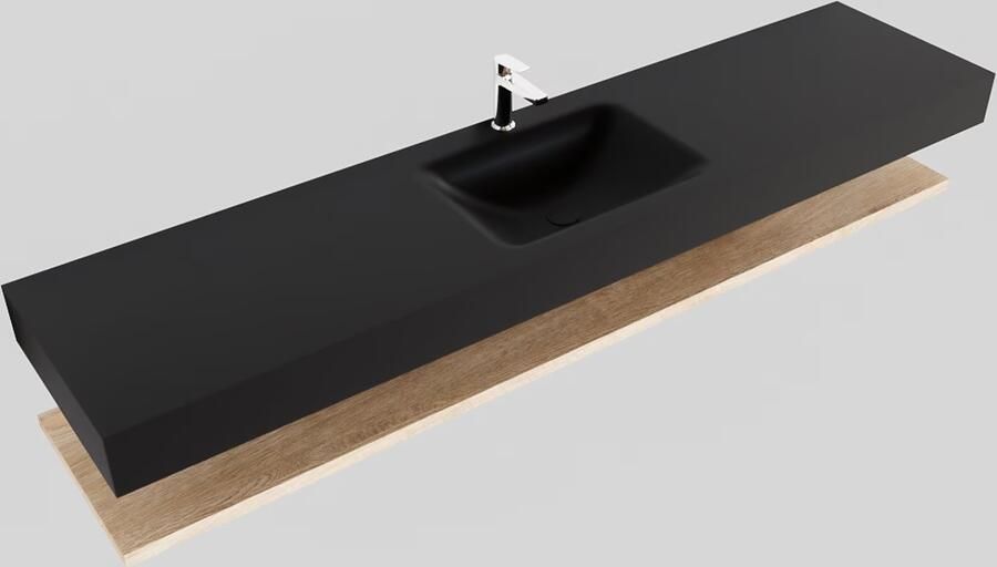 Mondiaz Alan badmeubel 200 cm planchet washed oak vrijhangend wastafel midden 1 kraangat zwart