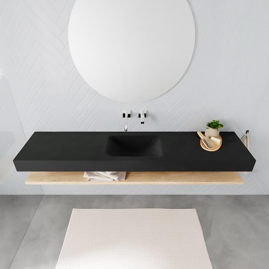 Mondiaz Alan badmeubel 200 cm planchet washed oak vrijhangend wastafel midden zonder kraangat zwart