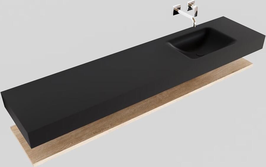 Mondiaz Alan badmeubel 200 cm planchet washed oak vrijhangend wastafel rechts zonder kraangat zwart
