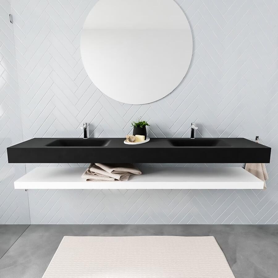 Mondiaz Alan badmeubel 200 cm solid suface planchet talc vrijhangend wastafel dubbel 2 kraangaten zwart - Foto 3