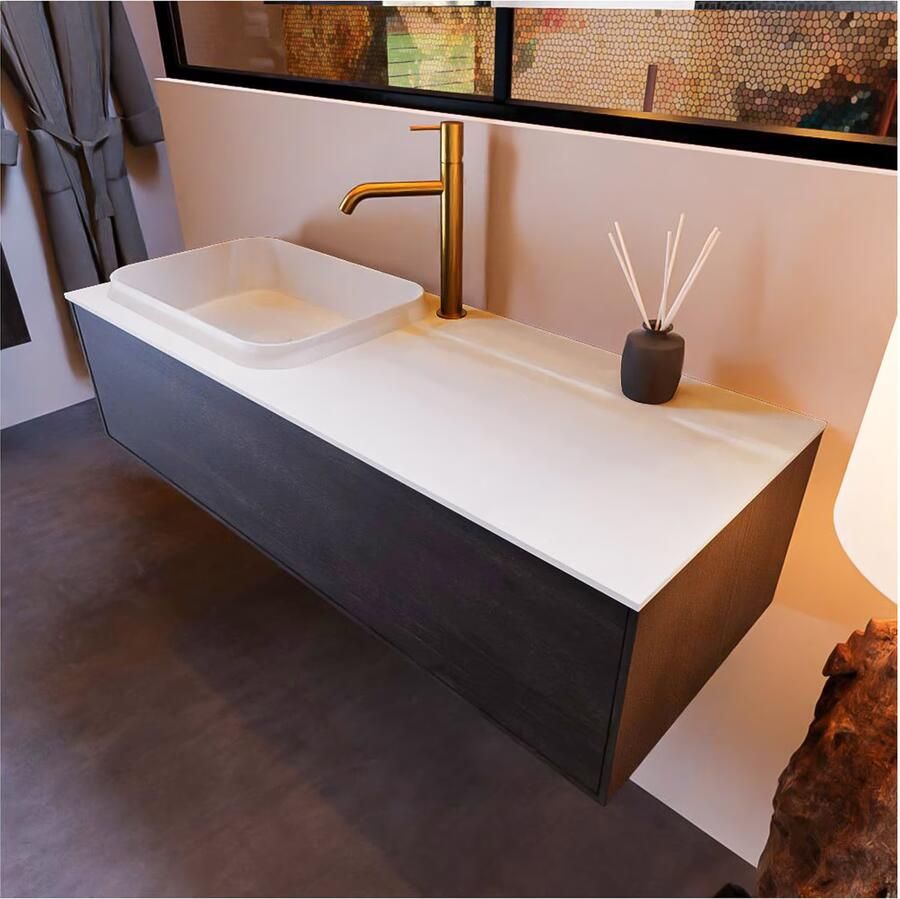 Mondiaz ERIN 120cm badmeubel onderkast donker bruin met 1 lade wastafel links 1 kraangat kleur Talc