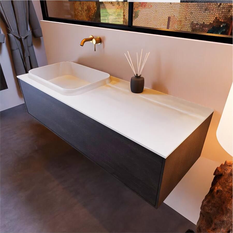 Mondiaz ERIN 120cm badmeubel onderkast donker bruin met 1 lade wastafel links zonder kraangaten kleur Talc