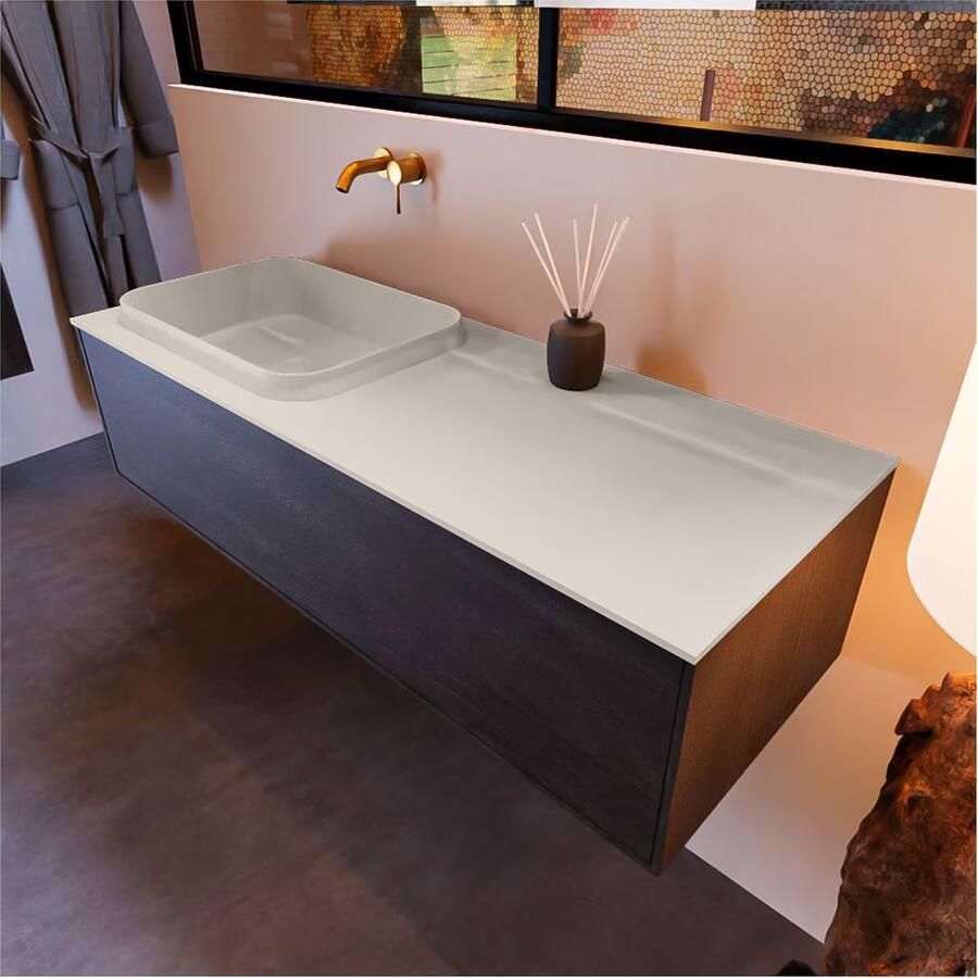 Mondiaz ERIN 120cm badmeubel onderkast donker bruin met 1 lade wastafel links zonder kraangaten kleur Linen