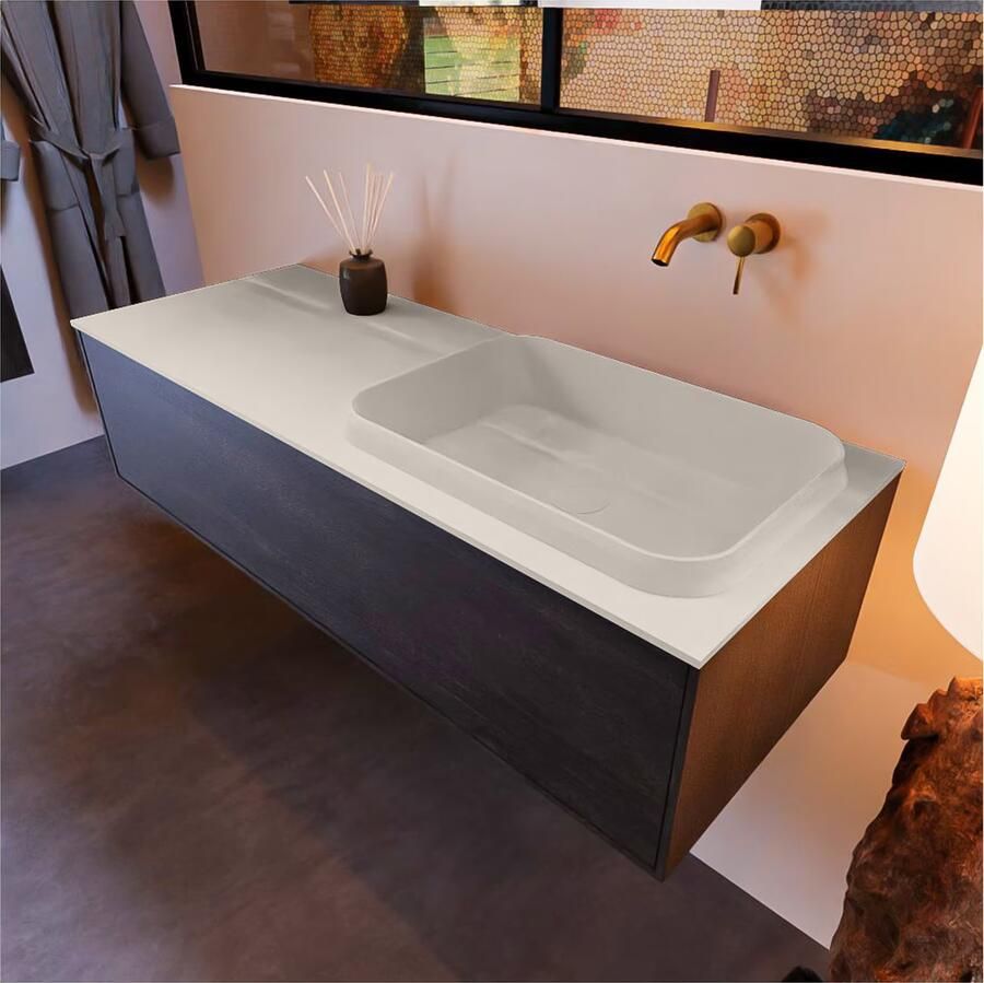 Mondiaz ERIN 120cm badmeubel onderkast donker bruin met 1 lade wastafel rechts zonder kraangaten kleur Linen - Foto 2