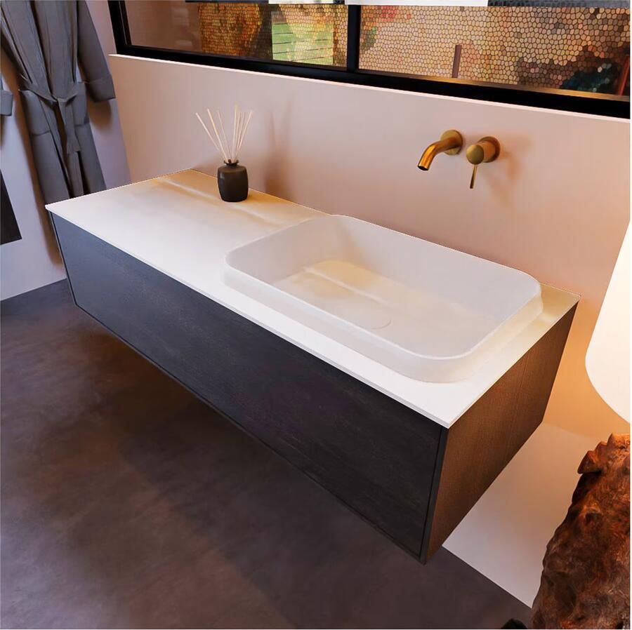 Mondiaz ERIN 120cm badmeubel onderkast donker bruin met 1 lade wastafel rechts zonder kraangaten kleur Talc - Foto 2