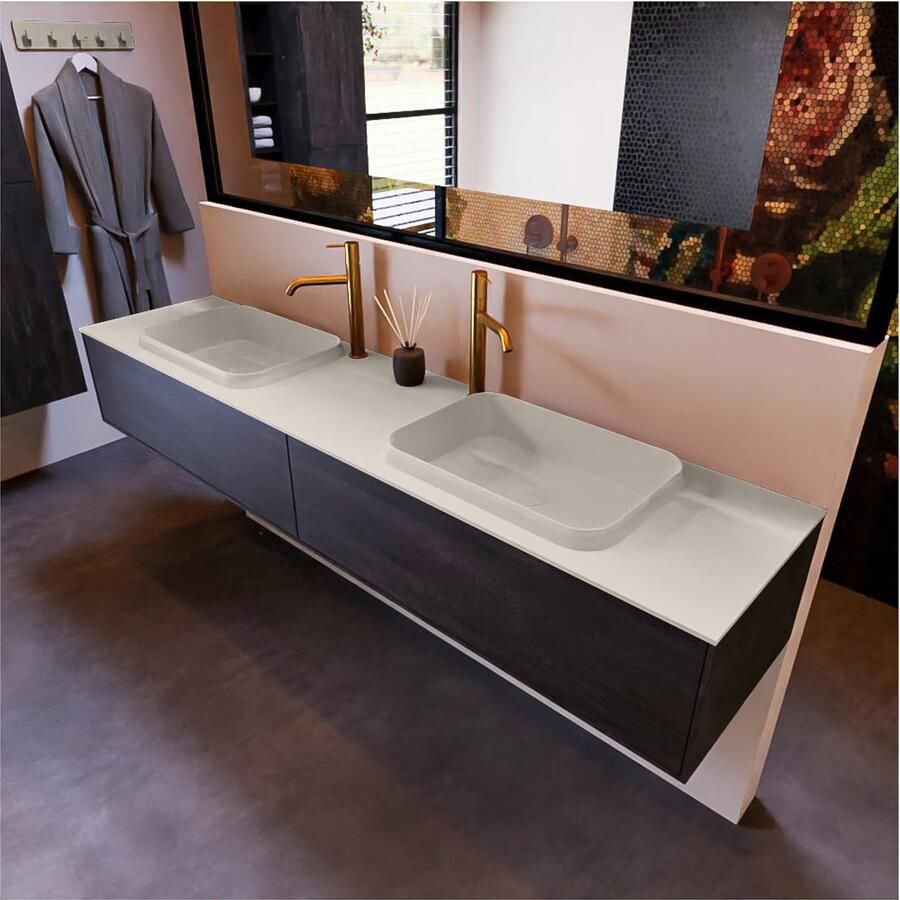 Mondiaz ERIN 200cm badmeubel onderkast donker bruin met 2 lades wastafel dubbel 2 kraangaten kleur Linen