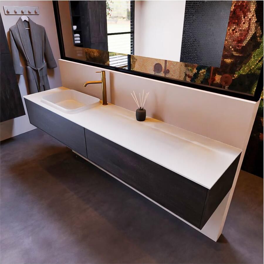 Mondiaz ERIN 200cm badmeubel onderkast donker bruin met 2 lades wastafel links 1 kraangat kleur Talc