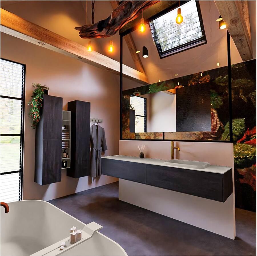 Mondiaz ERIN 200cm badmeubel onderkast donker bruin met 2 lades wastafel rechts 1 kraangat kleur Linen - Foto 3