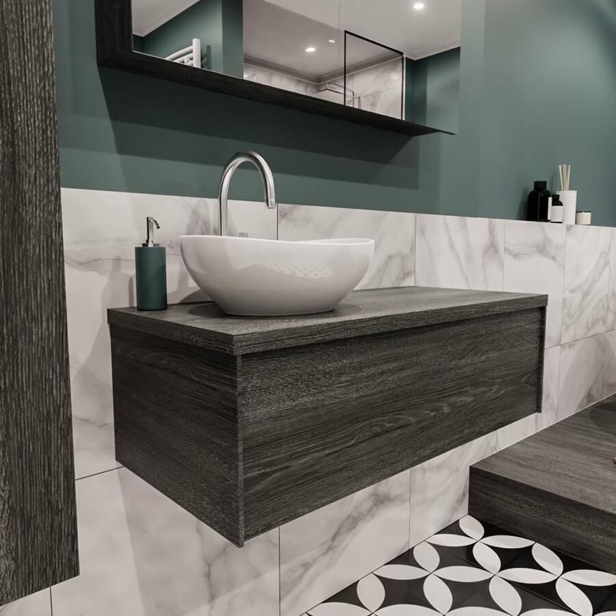 Zaro Lush onderkast met topblad 100cm in kleur ANTRACITE met 1 lades Push tot open geschikt voor linkse wastafel. Met ovale keramische opzetkom met 1 kraangat(en) in het topblad - Foto 4